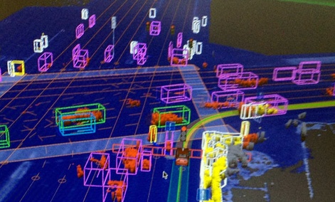 A screen capture of what Google's driverless car sees.