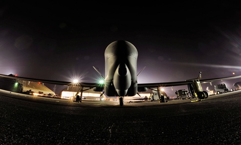 EQ-4 Global Hawk carrying the Battlefield Airborne Communications Node awaits takeoff.
