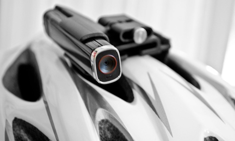 A Looxcie camera attached to a bike helmet