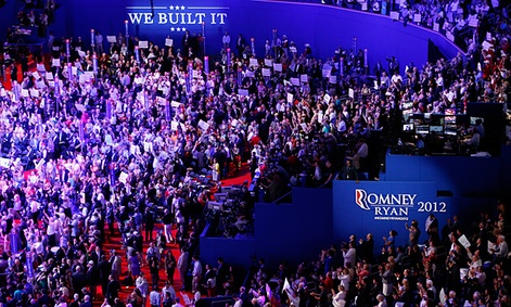 Delegates gather during the Republican National Convention in Tampa, Fla.