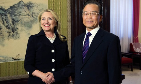 Hillary Rodham Clinton, left, shakes hands with Chinese Premier Wen Jiabao during a bilateral meeting at the Zhongnanhai leadership compound in Beijing Wednesday.