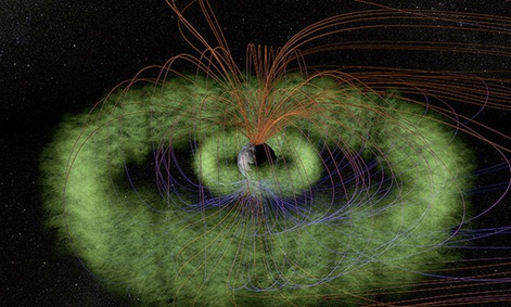 A graphic of Earth's twin rings of plasma known as the Van Allen Radiation Belts in our planet's magnetosphere.
