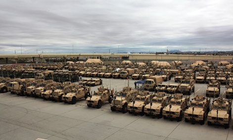 More than 360 vehicles sit at the Integration Motor Pool (IMP), located at Fort Bliss, Texas.
