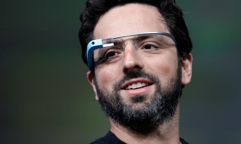 Google co-founder Sergey Brin demonstrates Google's new Glass, wearable internet glasses.