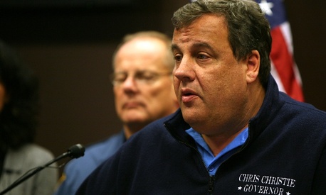 Governor Chris Christie updates the media on the state of the state after severe weather conditions from Hurricane Sandy at the Regional Operations and Intelligence Center (ROIC) in Ewing, N.J. on Tuesday, Oct. 30, 2012