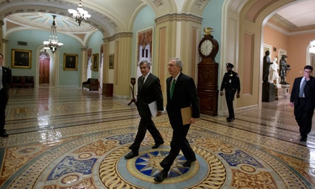 Sen. Mike Johanns, R-Neb., left, walks with Minority Leader Sen. Mitch McConnell, R-Ky., to the Senate floor Tuesday. Sen. Mike Johanns, R-Neb., left, walks with Minority Leader Sen. Mitch McConnell, R-Ky., to the Senate floor Tuesday.