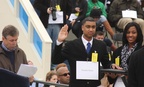 Inaugural Capitol coordinator Matt McGowan, left, directs Air Force Staff Sgt. Serpico Elliott and Army Spc. Delandra Rollins as they stand in for President Barack Obama and first lady Michelle Obama during an inauguration rehearsal Sunday. 
