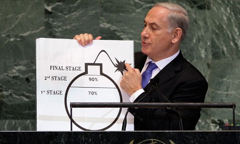 Israeli Prime Minister Benjamin Netanyahu used a cartoon bomb diagram during a speech last year to illustrate Iran's progress.