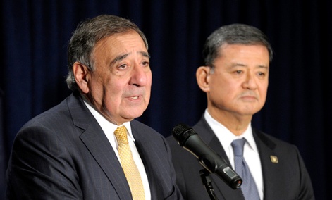 Veterans Affairs Secretary Eric Shinseki listens at right as outgoing Defense Secretary Leon Panetta speaks at the Veterans Affairs Department in Washington, Tuesday, Feb. 5, 2013.