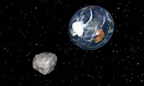 A simulation of asteroid 2012 DA14 approaching from the south as it passes through the Earth-moon system on Feb. 15, 2013. 