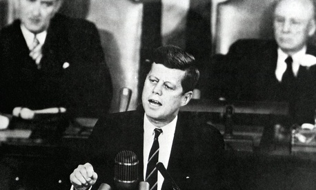 Speaking to Congress and the nation at the joint session of Congress on May 25, 1961. Speaking to Congress and the nation at the joint session of Congress on May 25, 1961.