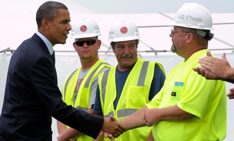 President Obama greets workers in 2010, at the groundbreaking ceremony at LG Chem Michgan Inc., then known as Compact Power Inc., a battery plant in Holland, Mich. 