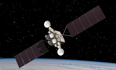 An artist rendering of the AEHF-1 satellite in orbit above the earth. 