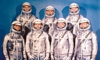 The Project Mercury Astronauts. They are: front row, left to right, Walter H. Schirra, Jr., Donald K. Slayton, John H. Glenn, Jr., and Scott Carpenter; back row, Alan B. Shepard, Jr., Virgil I. Gus Grissom, and L. Gordon Cooper.
