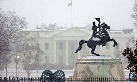 Snow falls on a statue of Andrew Jackson in Lafayette Park Monday. Snow falls on a statue of Andrew Jackson in Lafayette Park Monday.