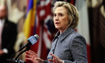 Clinton addressed reporters Tuesday.