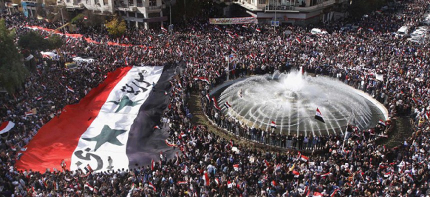 Syrians have protested in Damascus' main square.