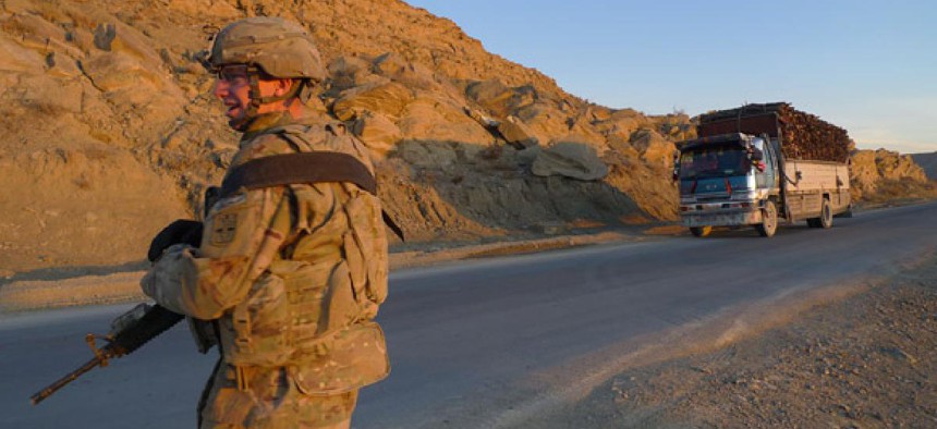 A U.S. soldier holds security duty in  Paktika province. 
