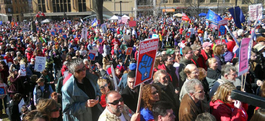 Wisconsin unions rally in favor of collective bargaining rights in Madison.