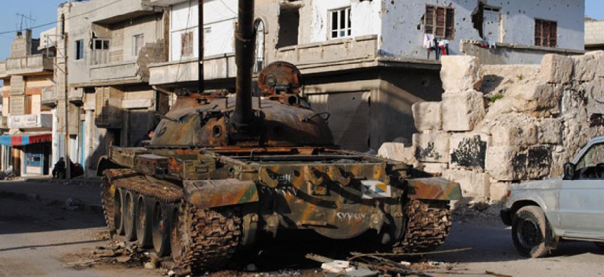 A tank was destroyed last week after clashes between authorities and rebeles in Rastan area in Syria's Homs province.