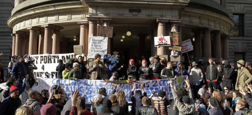 Occupy Portland protesters gather outside City Hall in November.