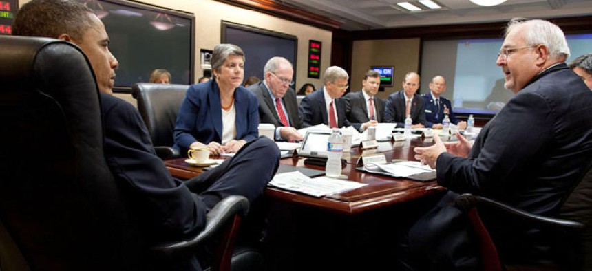 Representatives from FEMA, NOAA, the military, and the Energy and Homeland Security departments meet with President Obama. 