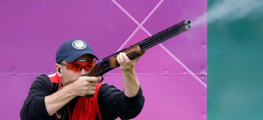 United States of America's Vincent Hancock shoots during the men's skeet event.