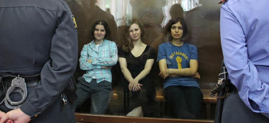 Pussy Riot members await sentencing in Moscow.