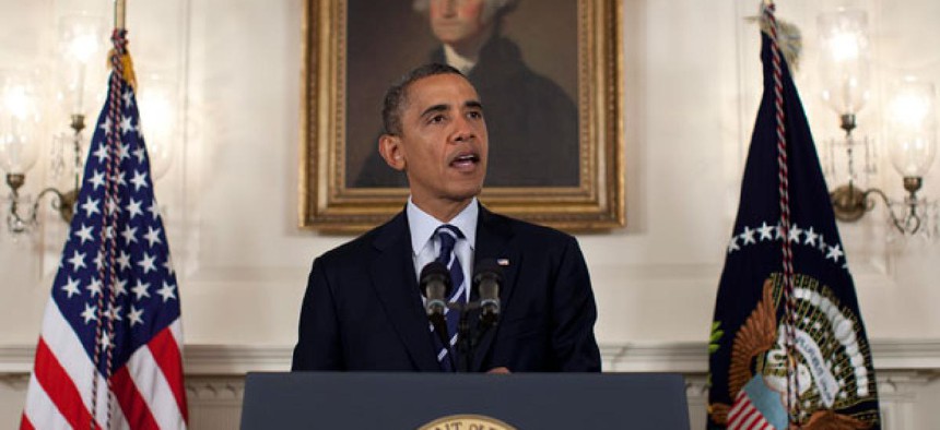 Obama spoke to the nation about preparedness for Tropical Storm Isaac in the Diplomatic Room of the White House Tuesday.
