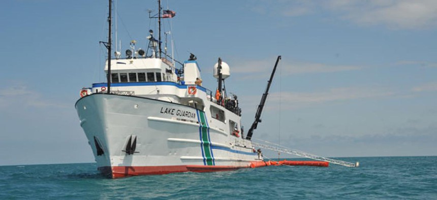  The U.S. Environmental Protection Agency research vessel Lake Guardian transits through Lake Michigan.