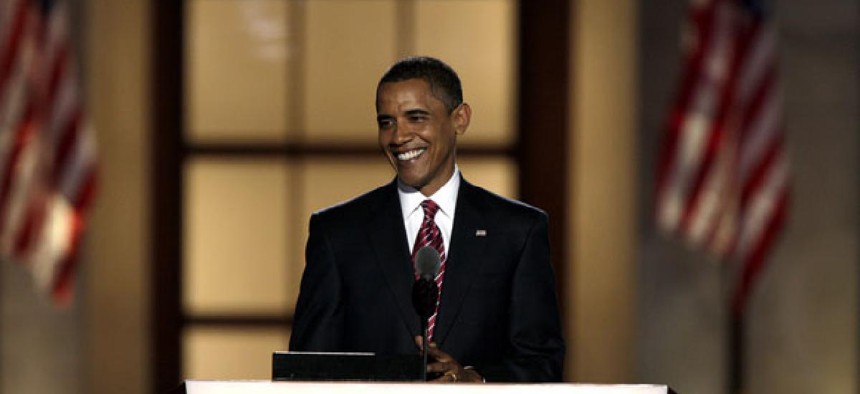 Obama's 2008 convention speech was held at an outdoor football stadium.