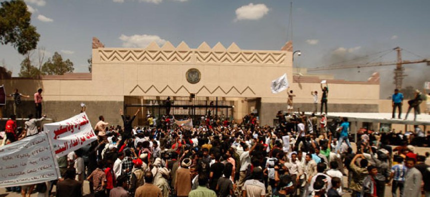 Yemenis protest in front of the U.S. Embassy Thursday.
