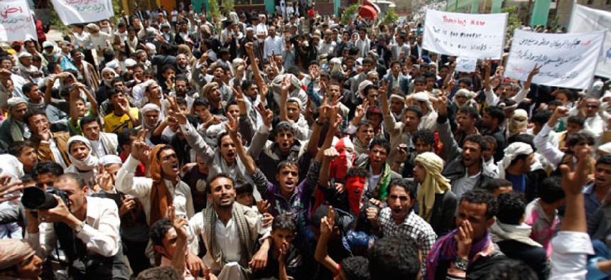 Yemenis protest in front of the U.S. Embassy Friday.