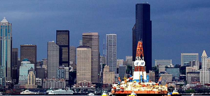 The floating oil-drilling platform Kulluk, normally stationed off Alaska's North coast, moves to Seattle for repairs.