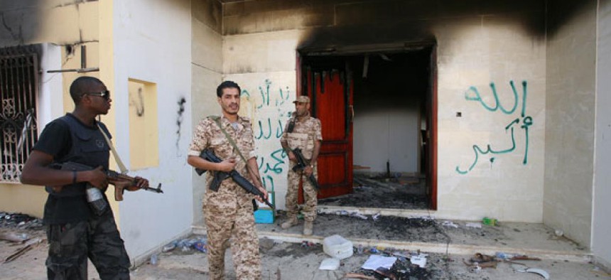 Security personnel guard the U.S. Consulate in Benghazi.