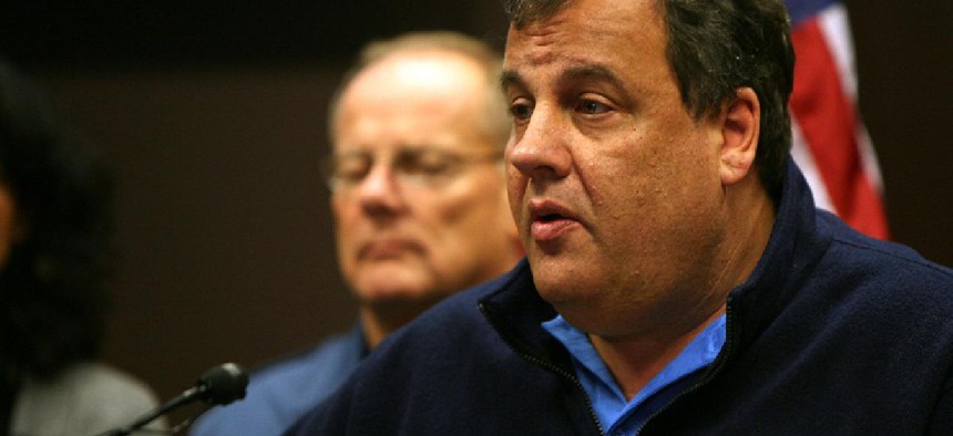 Governor Chris Christie updates the media on the state of the state after severe weather conditions from Hurricane Sandy at the Regional Operations and Intelligence Center (ROIC) in Ewing, N.J. on Tuesday, Oct. 30, 2012
