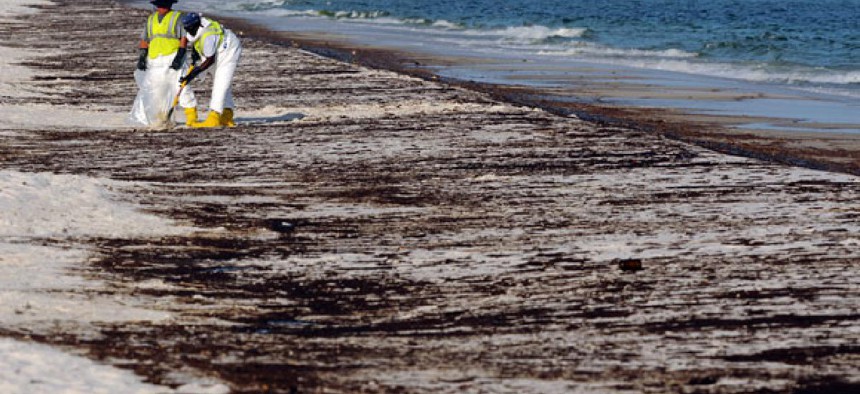 Workers clean up a beach in Florida after the BP oil spill.