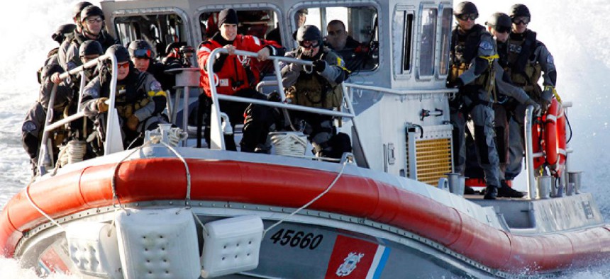 A U.S. Coast Guard boat during a training drill
