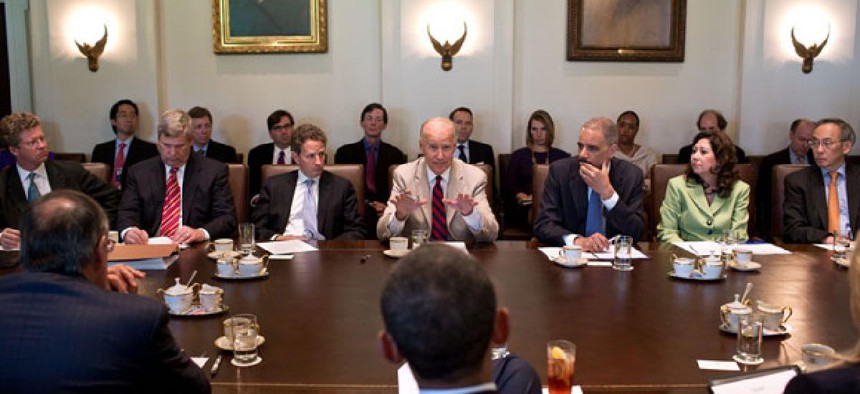 Vice President Joe Biden addresses Barack Obama and the cabinet in 2012.
