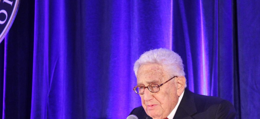 Former secretary of state Henry Kissinger praises President Richard Nixon’s role as a peacemaker at the Richard Nixon Foundation’s Centennial Birthday Gala on Wednesday at the Mayflower Renaissance Hotel in Washington. SHFWire photo by Ian Kullgren