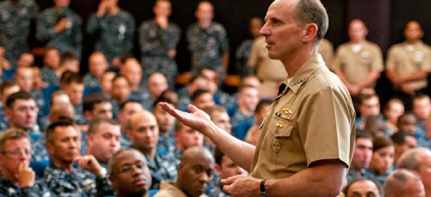 U.S. Navy, Chief of Naval Operations Adm. Jonathan Greenert speaks to sailors during a visit to Pearl Harbor, Hawaii last year.