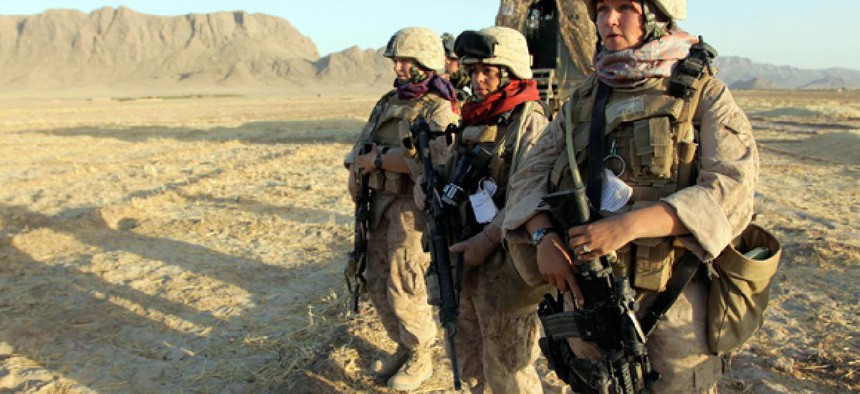 U.S. Marine Female Engagement Team members Lance Cpl. Mary Shloss, right, Sgt. Monica Perez, center, and Cpl. Kelsey Rossetti in Afghanistan.