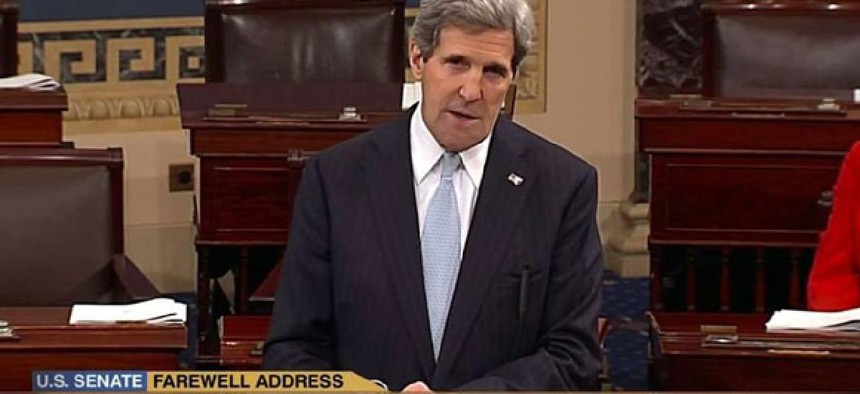 Sen. John Kerry, D-Mass. giving his last speech as senator, Wednesday, Jan. 30, 2013, on the floor of the Senate. (AP Photo/CSPAN2)