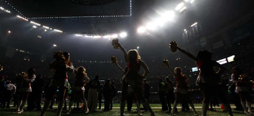 San Francisco 49er cheerleaders performed during the blackout Sunday.