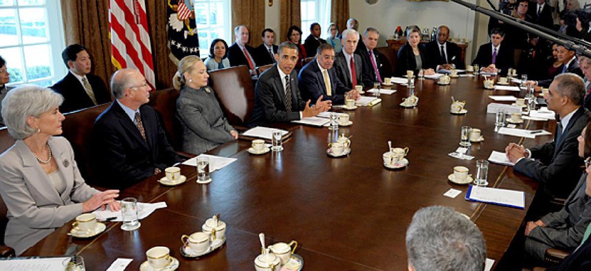 President Barack Obama speaks during a cabinet meeting in the Cabinet Room of the White House in Washington, Tuesday, Jan. 31, 2012.