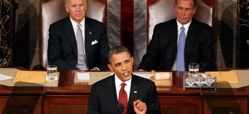 President Barack Obama gestures while giving his State of the Union address in 2012.