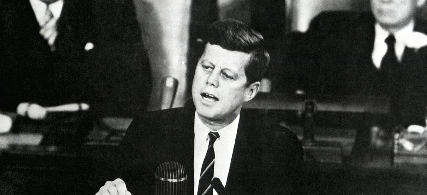 Speaking to Congress and the nation at the joint session of Congress on May 25, 1961. 