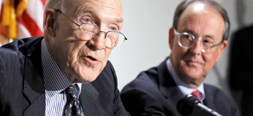 Erskine Bowles right, and former Wyoming Sen. Alan Simpson