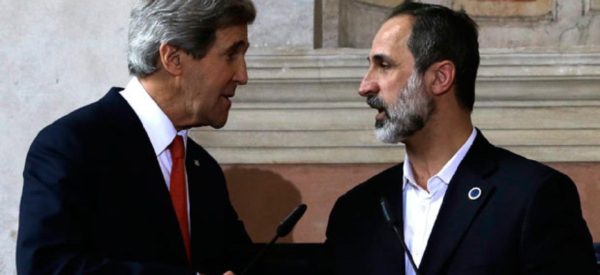 John Kerry met with Syrian National Coalition President Mouaz al-Khatib Thursday in Italy.