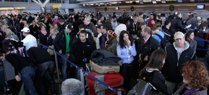 A 2010 snow storm forced air travelers to wait in long lines at John F. Kennedy International Airport.